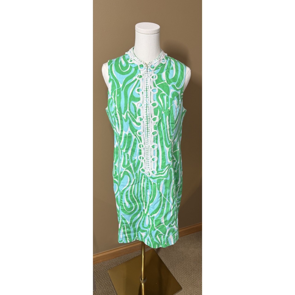 Lilly Pulitzer Shift Dress Womens 12 Green Blue White Crochet Trim Resort Preppy